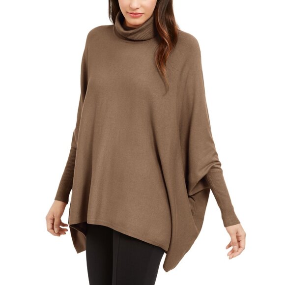 NWT Alfani Womens Size Medium Mocha Brown Turtleneck Poncho Knit Sweater NEW - Picture 1 of 4